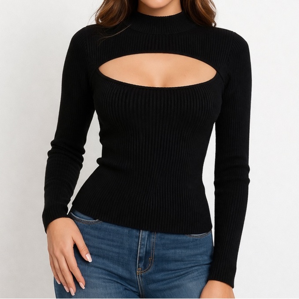 Lulus Black Ribbed Knit Cutout Top Long Sleeve Mock Neck Size S